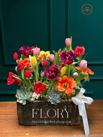 Lẵng 38 khu vườn mùa hạ - Tông đỏ cam tulip